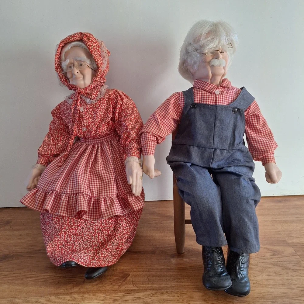 Vintage Porcelain Grandmother Grandfather Dolls Seated on Wooden Chairs Pair 23